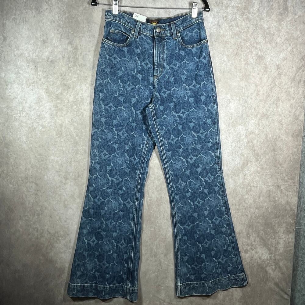 Lee Drop Flare Jeans Women 26 Blue Floral Medium Wash Denim Mid Rise Stretch NEW